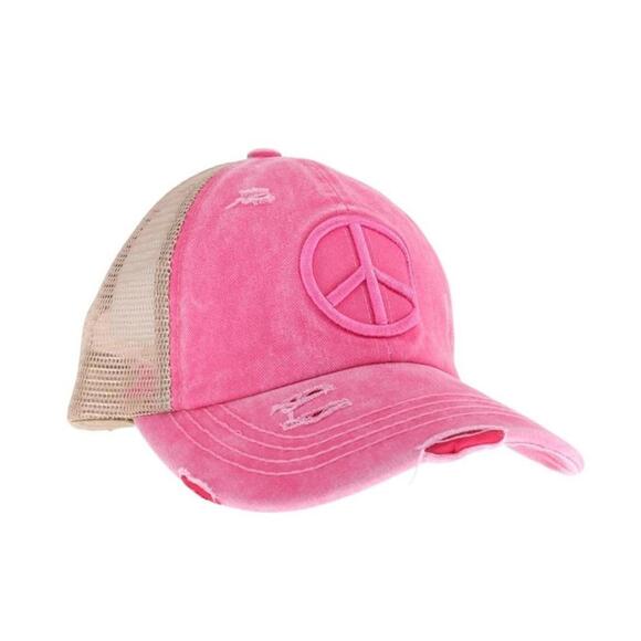 C.C Accessories - #1796 C.C. NWT Pink Distressed Embroidered Peace Sign Criss Cross Baseball Cap